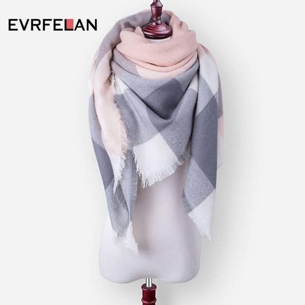 

evrfelan casual women winter scarf triangle knitted scarf for ladies plaid shawl wrap female scarves bufanda 140*140*210cm, Blue;gray