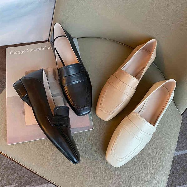 

sandals women's shoes cowhide spring style square head korean version thick heel deep mouth middle flat fashion casual single nx8x, Black