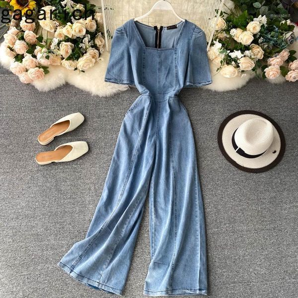 

gagarich women denim jumpsuit vintage recipients waist slim wide leg pants western style puff sleeve ladies bodysuit harajuku1, Black;white