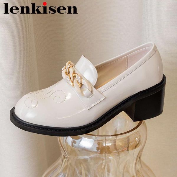 

dress shoes lenkisen large size natural leather round toe high heels women rhinestone chain decorations preppy style casual pumps l0f21, Black