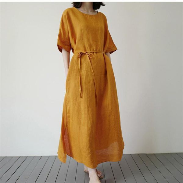 

summer clothes new linen tie plus size long dresses women 2020 vintage solid color simple pockets dress, Black;gray