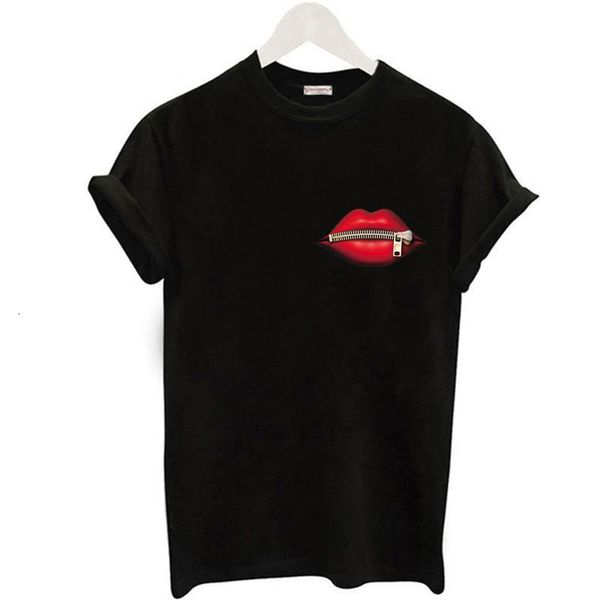 

new female creativity zipper lips summer fashion women's casual red lip t-shirt short sleeve black t-shirts, White
