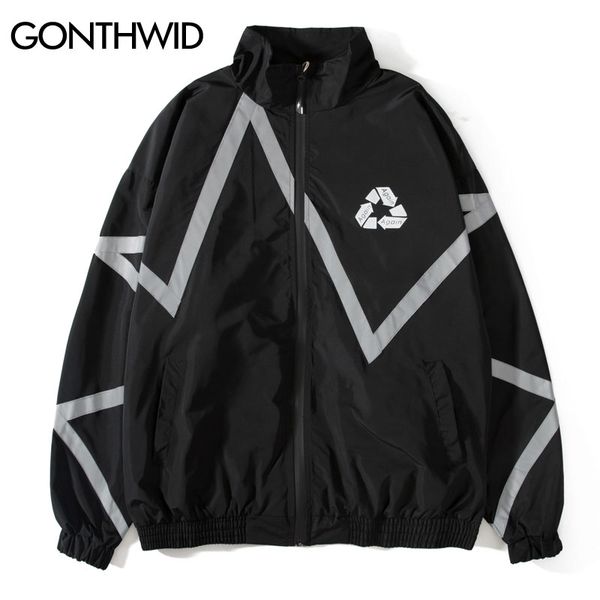 

3m reflective striped zip up windbreaker track jackets men 2020 hip hop casual outwear jacket coats male fashion, Black;brown
