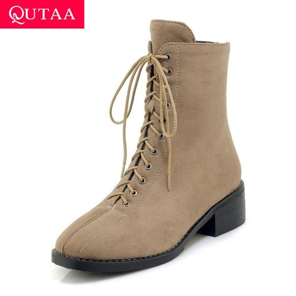 

qutaa 2020 round toe zipper boots flock fashion platform lace up women shoes middle heel winter warm fur casual boots size 34-43, Black