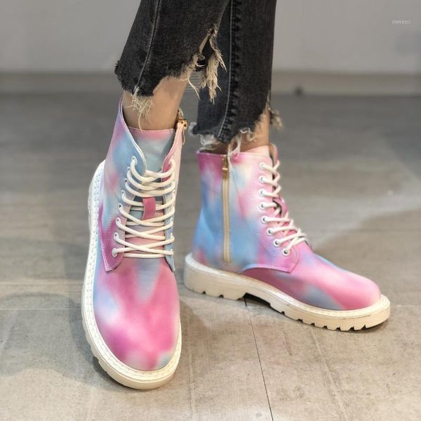 

fashion printed rainbow pattern women zipper side lace up round toe boot personalized street wear high shoes1, Black
