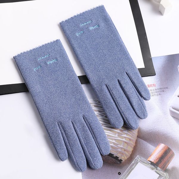 

new women winter thin section keep warm touch screen plus velvet inside letter embroidery female elegant drive gloves, Blue;gray