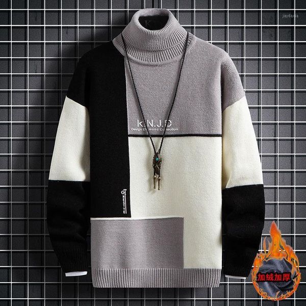 

fleece mens sweaters turtleneck super warm pullover men winter high neck patchwork sweater man knitwear men's clothing 1, White;black