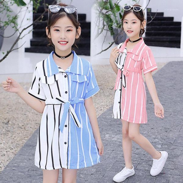 

2020 girls tie waist button striped casual short sleeve buttons shirt dresses striped girls kids dress clothes 3 4 6 8 10 12y1, Red;yellow