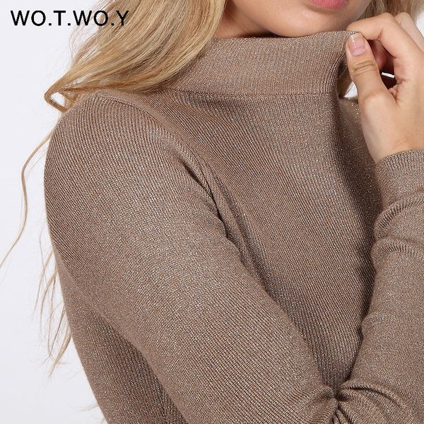 WOTWOY Shiny Lurex Rollkragenpullover Frauen Pullover Gestrickte Dünne 2019 Winter Kaschmir Pullover Damen Pullover Basic Schwarz Rosa T200319