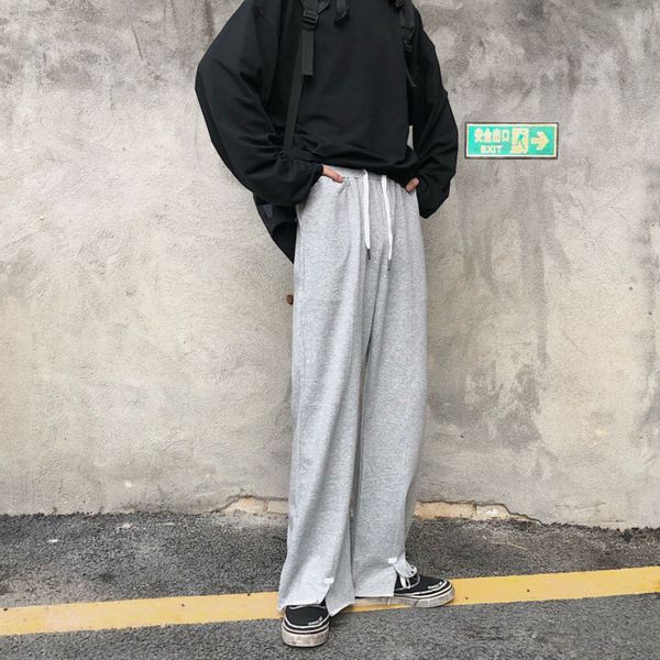 

autumn casual pants men's fashion solid color straight pants men streetwear loose hip hop korean drawstring trousers mens, Black