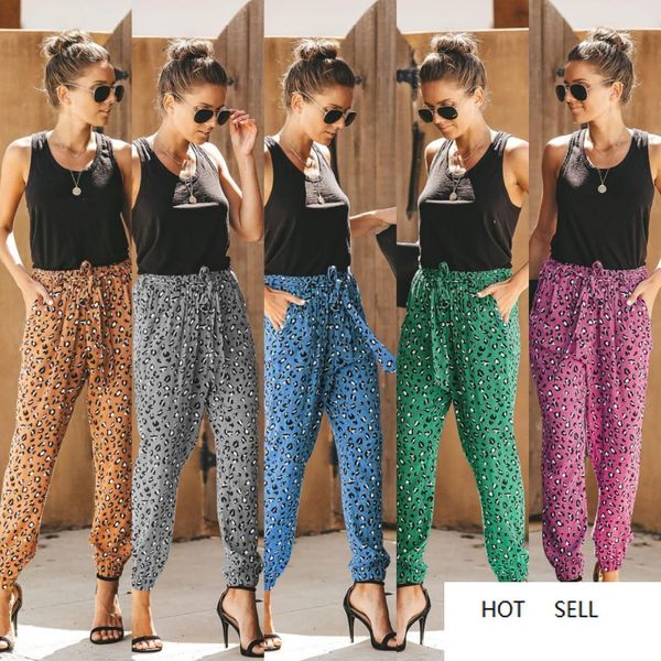

fashion loose lace up pants casual famale designer pants womens leopard print casual pants summer, Black;white