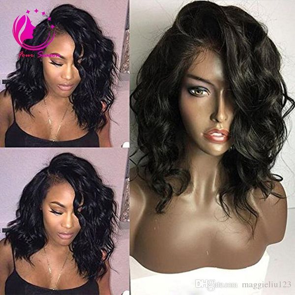 

brazilian virgin human hair lace front wig glueless short bob wavy full lace wig with baby hair for black women, Black;brown