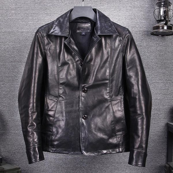 

men's smart 2020 casual genuine jacket slim fit single breasted vintage leather coat men black water dyed sheepskin1