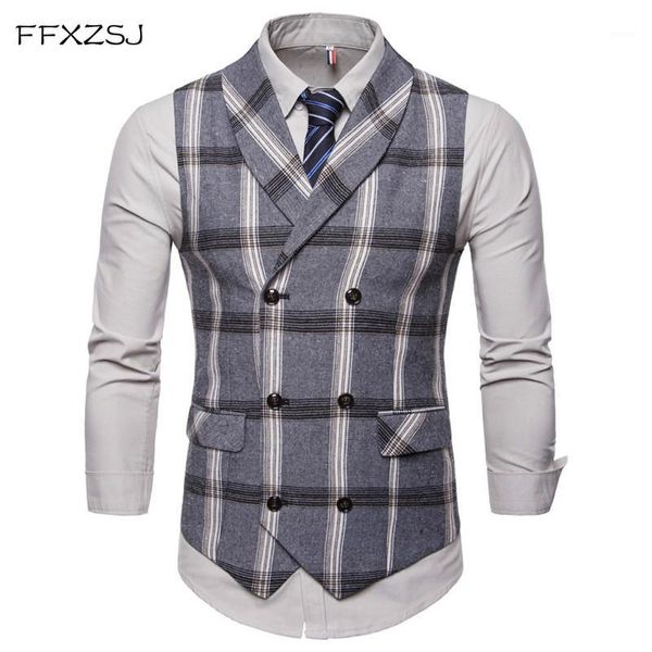 

ffxzsj new classic plaid suit vest men slim fit double breasted vest waistcoat mens business wedding tuxedo gilet homme1, Black;white
