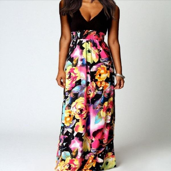 

deep v-neck sleeveless print long slim dress sizexxxl, Black;pink