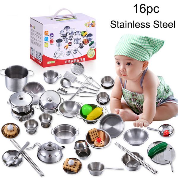 

16pcs/set stainless steel kitchen miniature toy kids play house cookware cooking utensils pots pans gift role play drop ship new lj201009