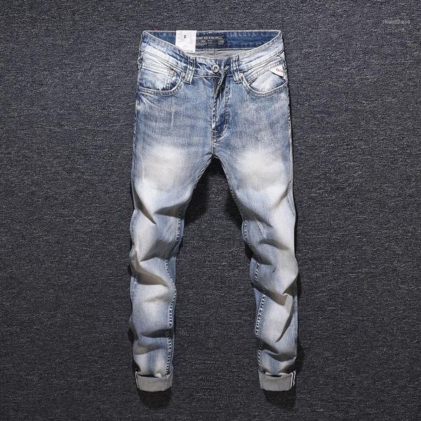 

fashion streetwear men jeans light blue elastic vintage designer jeans men white wash italian style classical slim homme1