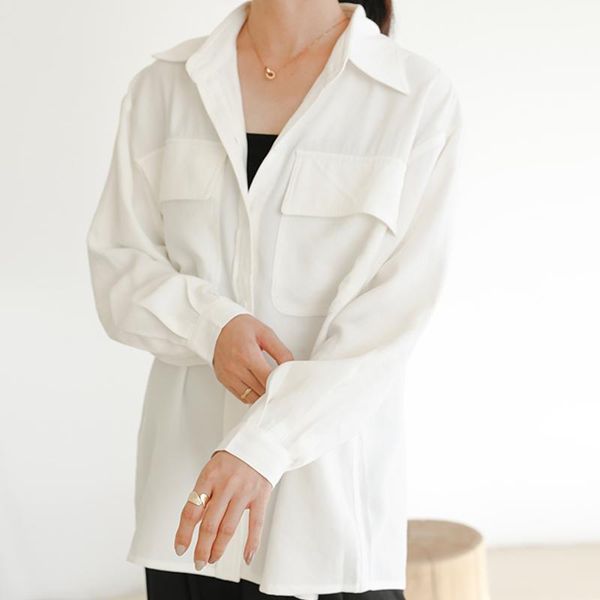 

autumn women elegance solid oversize blouse vintage long sleeve white shirt office lady pockets button up korean t09627z