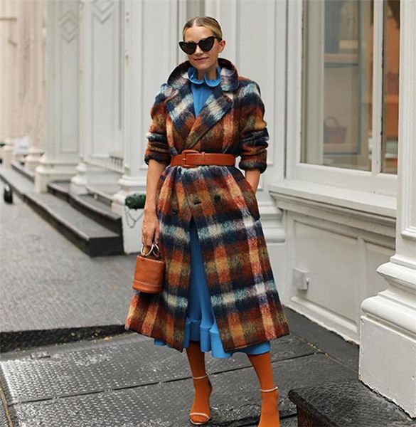 

women's trench coats windbreaker overcoat european american autumn winter plaid fabric fashion casual versatile large lapel long coat, Tan;black