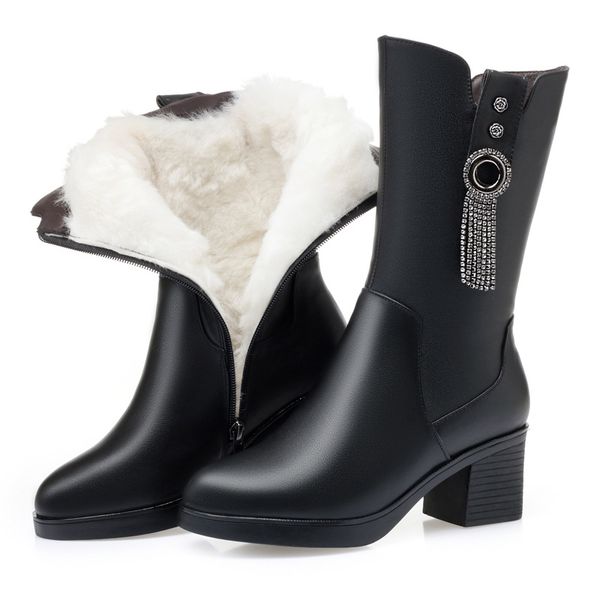 

boots rhinestone tassel cowhide leather women fashion inisde plush wool warm snow high heel in-tube, Black
