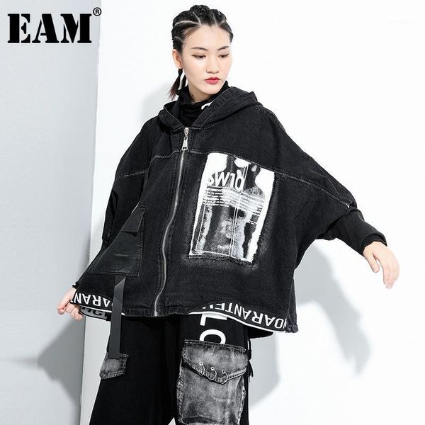 

eam] loose fit black denim printed big size jacket new hooded long sleeve women coat fashion tide spring autumn 2020 1da1321, Black;brown