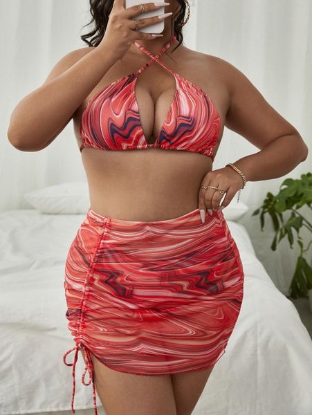 

3pack plus fluid pattern criss cross bikini swimsuit & beach skirt i0jv#, Black