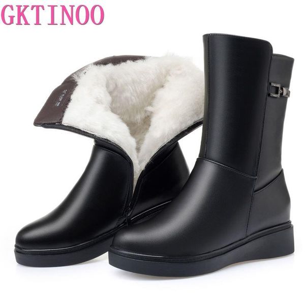 

boots gktinoo 2021 rhinestone genuine leather wool comfort warm winter flat wedges non-slip snow women boot, Black