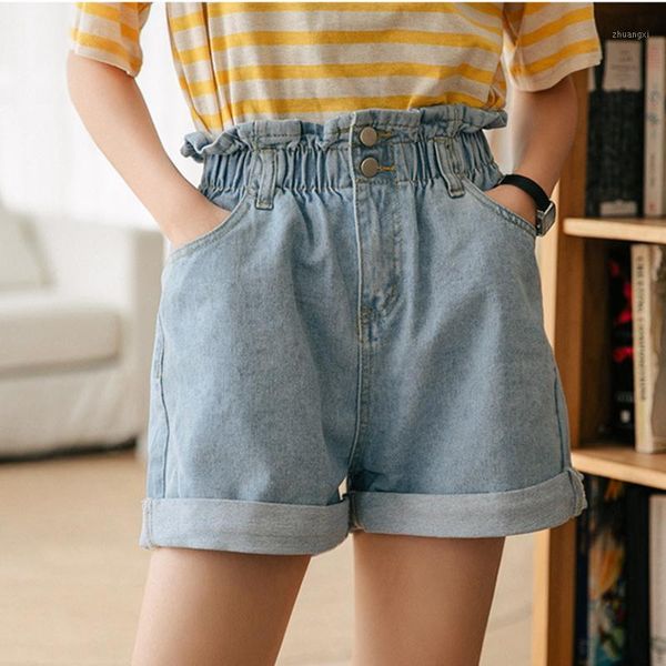 

summer women high waist denim shorts casual loose ladies fashion roll up hem elastic waist pocket female blue white jeans1