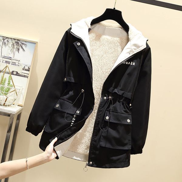 

women wool 2021 parka new thick winter hood women's warm letter printing jacket laides loose parkas kyms, Black