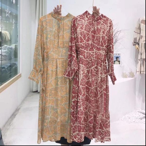 

2021 spring floral printing chiffon dress women long sleeve midi dress korean clothes lace up waist back zipper, Black;gray