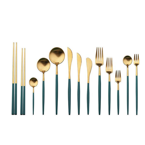 

trendy 13pcs/lot gold silver chopsticks spoon fork knife spoon ice cream cake dessert tableware dining bar long handle spoons scoop h2201