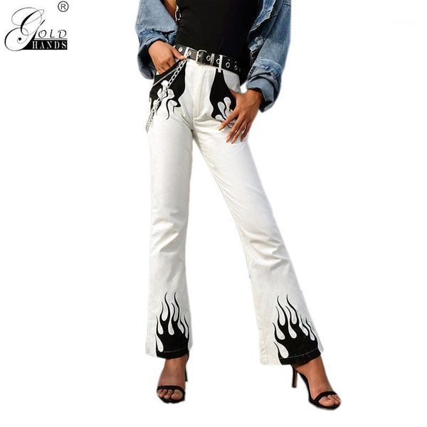 

fashion spring street wear women flame print pants casual female wide leg pattern pants casual loose hip hop gold hands1, Black;white