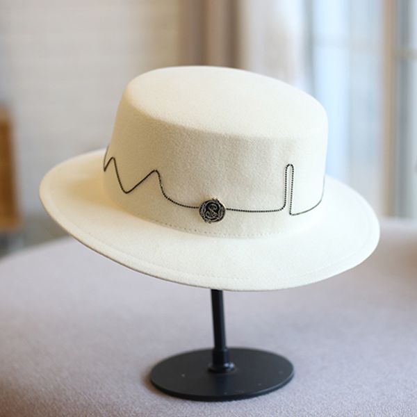 

women black winter felt hat ecg pattern chain decoration boater hats wide brim fedora hat lady church wedding hat porkpie style c0123, Blue;gray