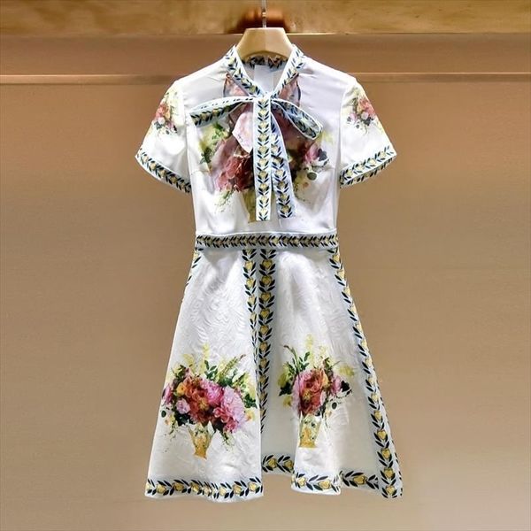 

runway dress 2020 women summer short sleeve robe femme floral print designers elegant bow party mini dress vestidos, Black;gray