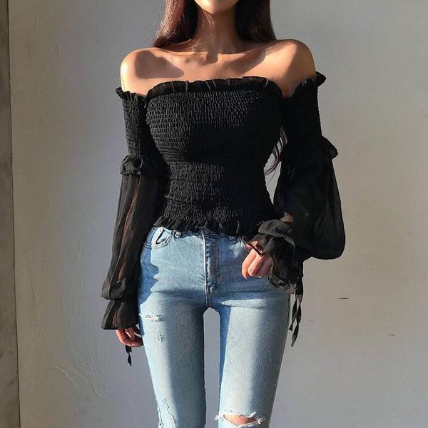 

solid color pleated bow fashion women ladies long sleeve off shoulder cropped blouse shirt lace up corset white/black