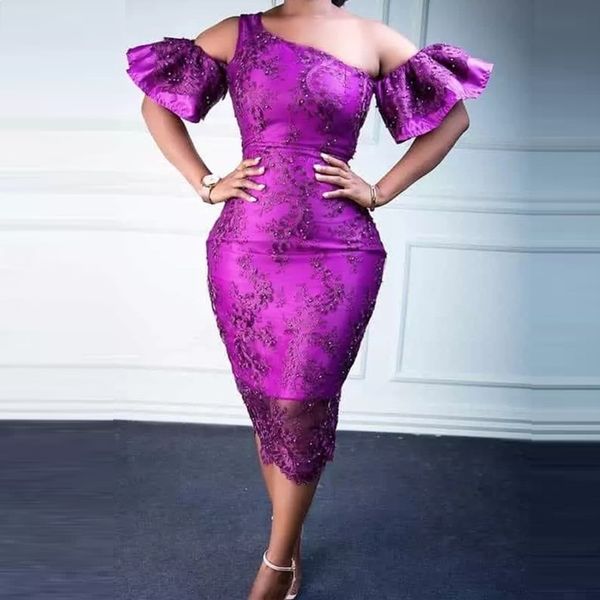 

juliet sleeve full lace evening dress south african one shoulder ruffles prom dresses women slim cocktail party gowns custom made, Black