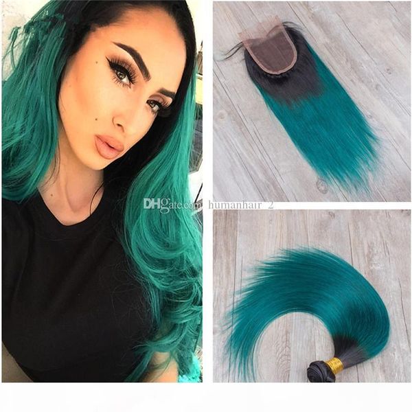 

brazilian green ombre human hair 3bundles with closure #1b dark green two tone ombre weaves with silky straight 4x4 lace closure, Black;brown
