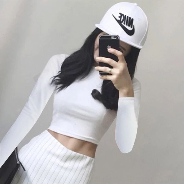 

open navel half high collar high waist short t- slim fit leak navel white long sleeve t-shirt tight autumn and winter bottoming shirt wo
