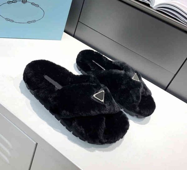 

luxury wool slides designer slippers soft warm fur enameled triangle crossover fashion women shoes black white with original box shoe bag la