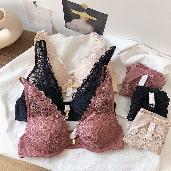 

backless bra and panty set lace front closure seamless push up underwear deep-v neck brassiere briefs women lingerie sets lj200814, Red;black