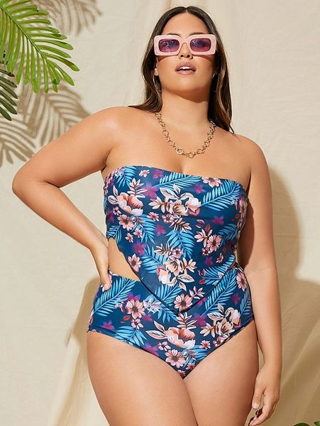 

plus floral & leaf print bandeau bikini swimsuit s3ei#, Black