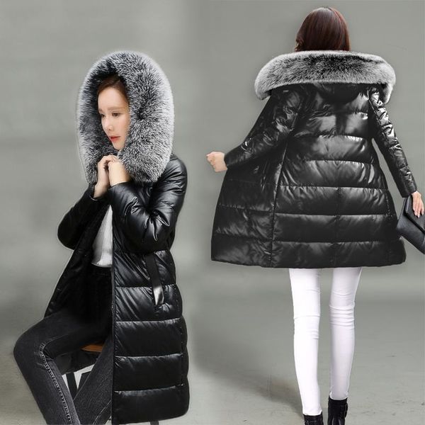 

winter pu faux leather jackets with fur collar women medium long hooded coats long sleeve thick outerwear cotton warm slim, Black