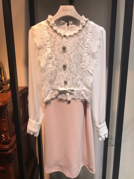 

designer 2020 black/pink/yellow solid print women's dress milan runway crew neck long sleeves embroidery beads holiday long dress 03150