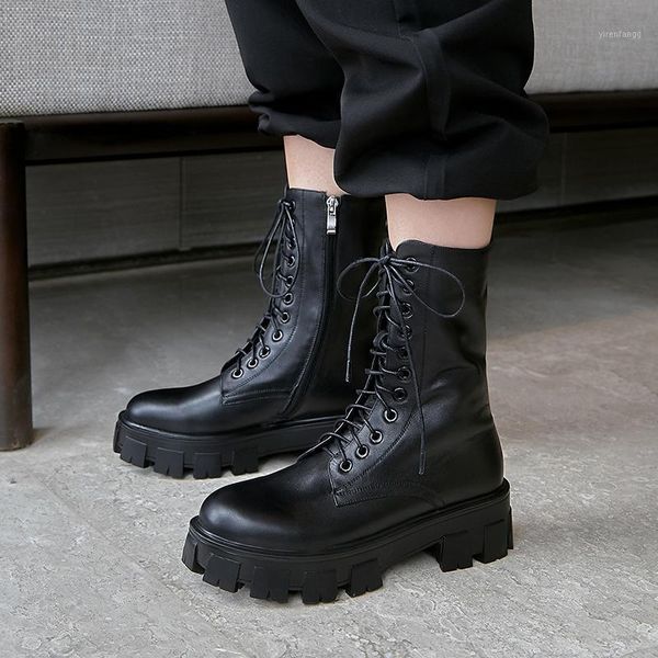 

cross tied genuine leather ladies boots 2020 autumn winter platform chunky high heels pumps night club shoes woman1, Black