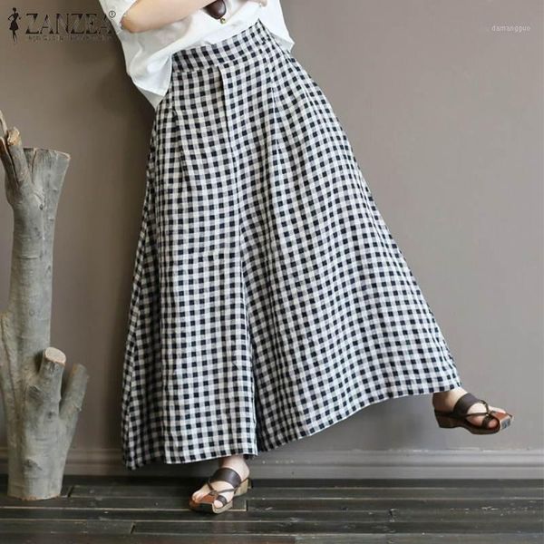 

2020 summer check wide leg pants zanzea vintage work long trousers women elastic waist plaid harem pantalon female flare palazzo1, Black;white