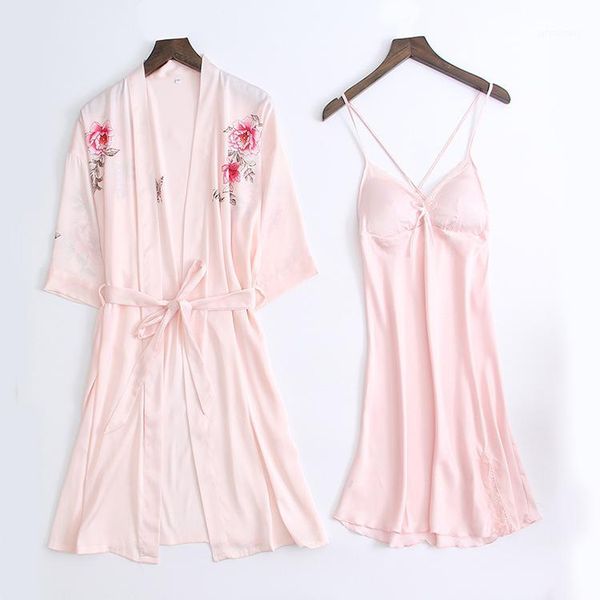 

lisacmvpnel ice silk women robe sets spaghetti strap nightdress+robe twinset women bathrobe elegant sleepwear1, Black;red