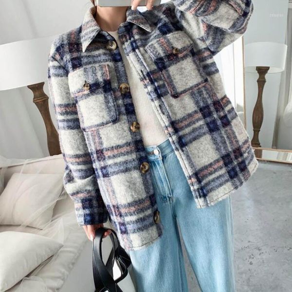 

women's jackets 2021 british style pattern shirt wool coat jacket female single breasted women1, Black;brown
