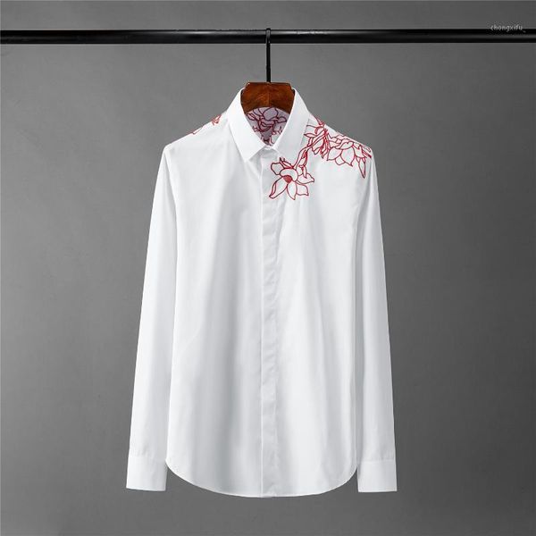 

new flower embroidery mens shirts luxury long sleeve casual party male shirts plus size 4xl fashion slim fit man1, White;black
