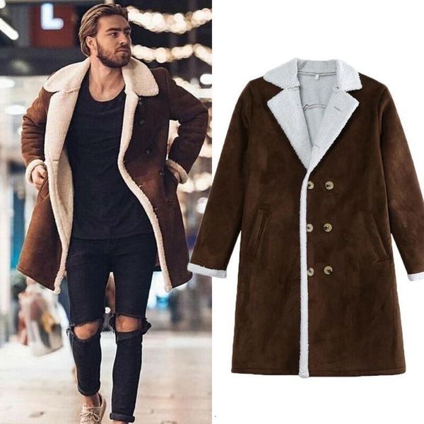 

2020 fashion men fur fleece blends brown color trench coat overcoat lapel warm fluffy jacket outerwear male boy warm jacket, Tan;black