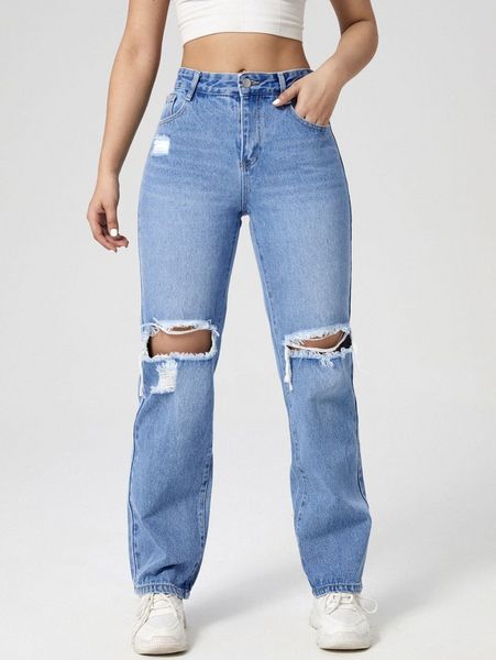 

zipper fly ripped straight leg jeans x0vh#, Blue